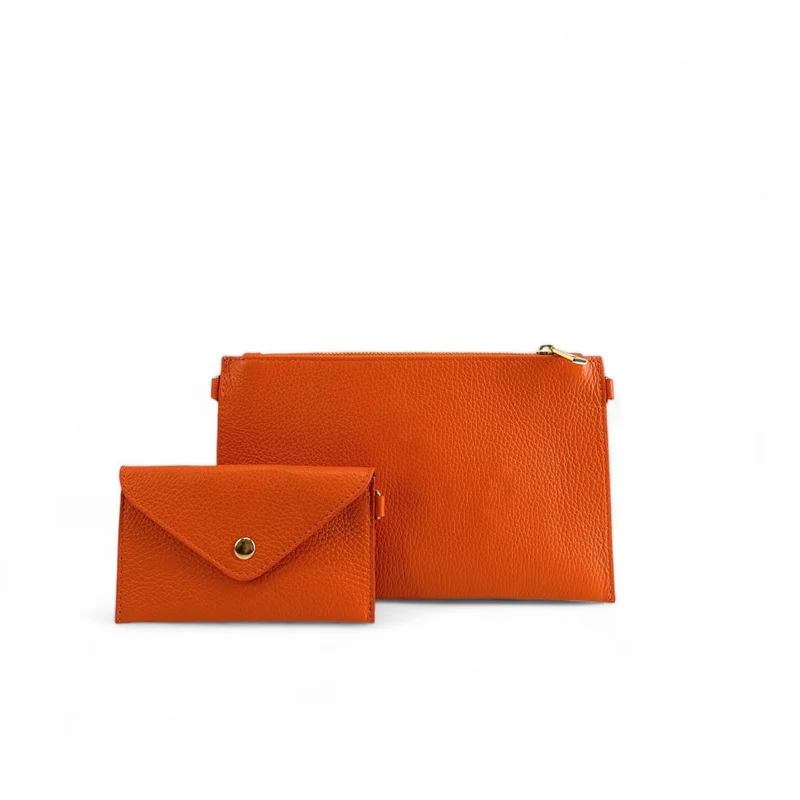 Ensemble sac pochette et porte-cartes en cuir grainé TWICE Orange