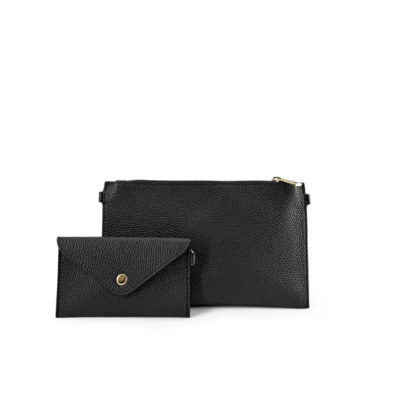 Ensemble sac pochette et porte-cartes en cuir grainé TWICE Noir