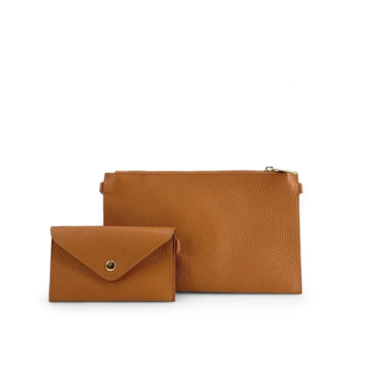 Ensemble sac pochette et porte-cartes en cuir grainé TWICE Camel
