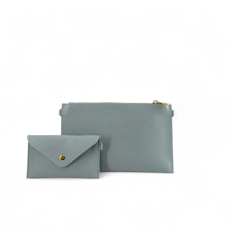 Ensemble sac pochette et porte-cartes en cuir grainé TWICE Bleu pastel