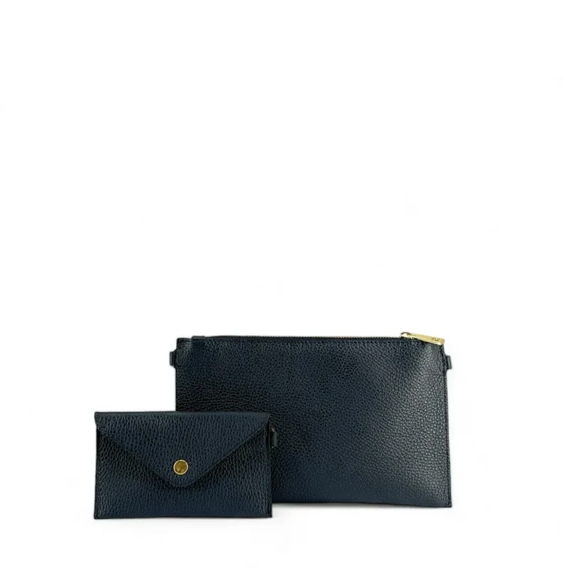 Ensemble sac pochette et porte-cartes en cuir grainé TWICE Bleu marine