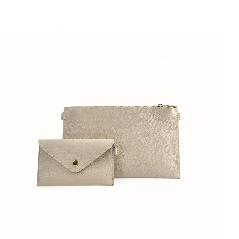 Ensemble sac pochette et porte-cartes en cuir grainé TWICE Beige crème