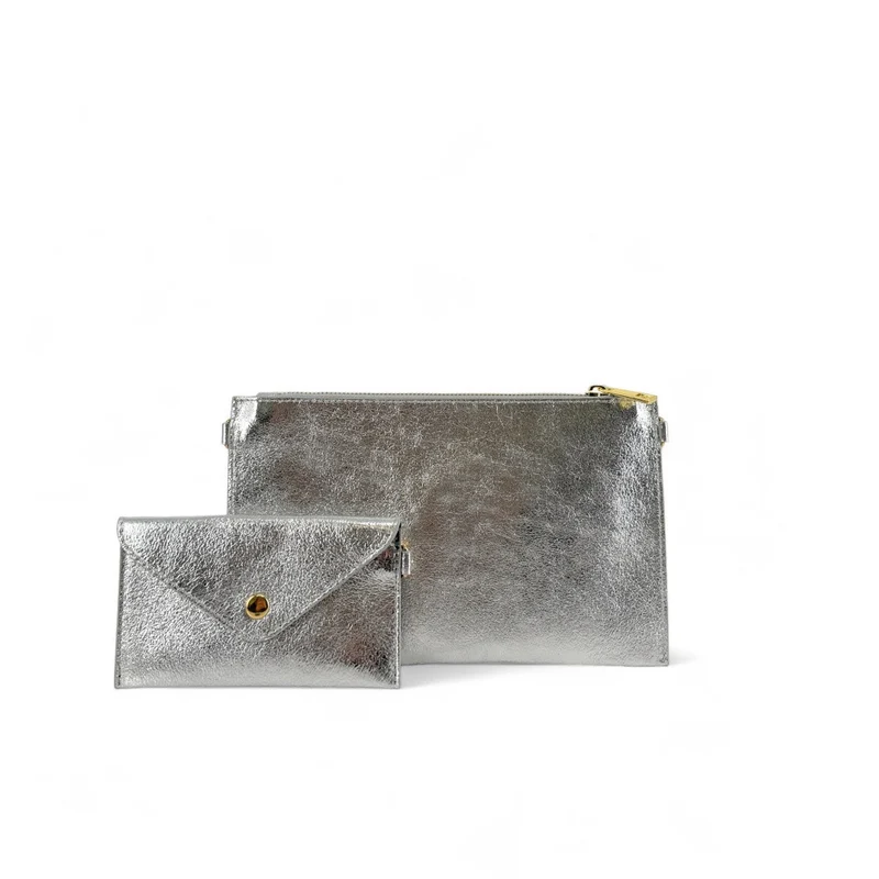 Ensemble sac pochette et porte-cartes en cuir irisé TWICE Argent moyen