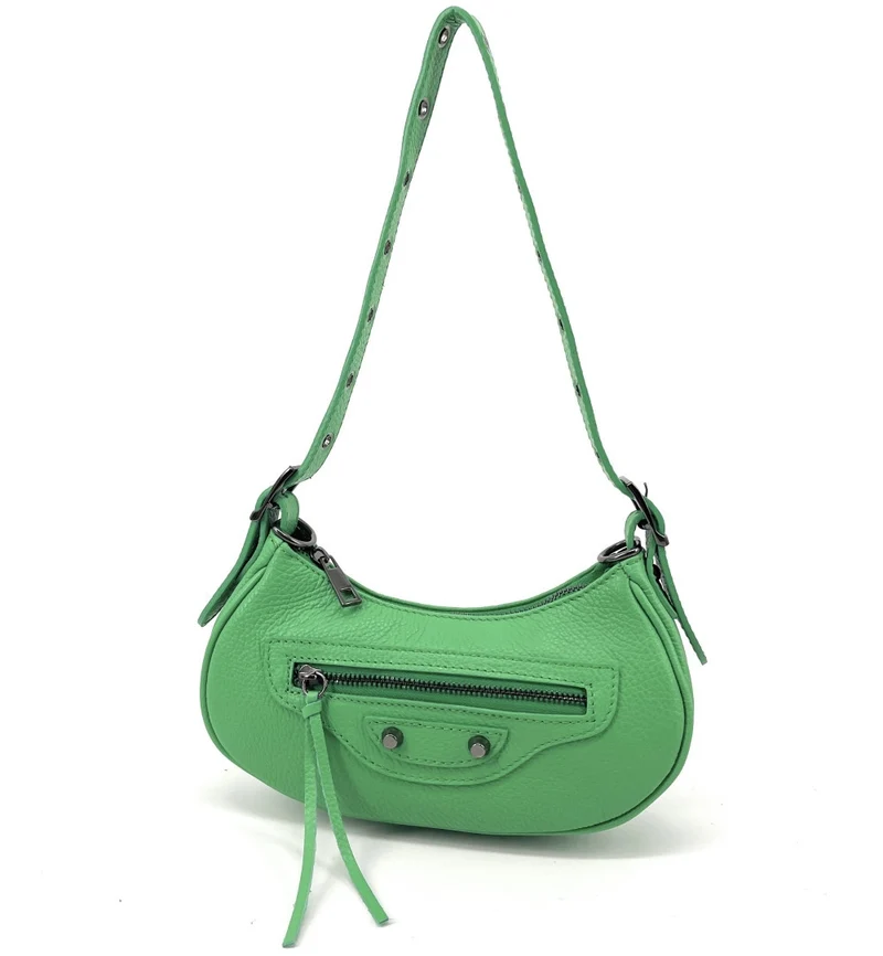 Sac à main demi-lune en cuir grainé LUNA PARK Vert anglais