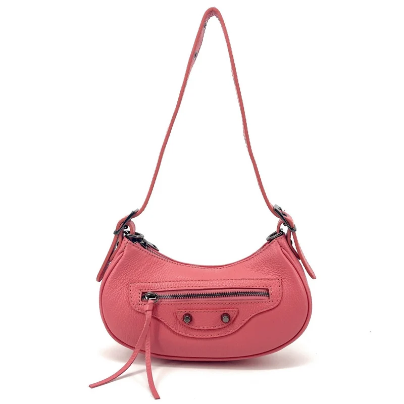 Sac à main demi-lune en cuir grainé LUNA PARK Rose corail