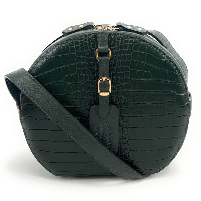 Sac rond à bandoulière en cuir façon croco DRUM Vert forêt