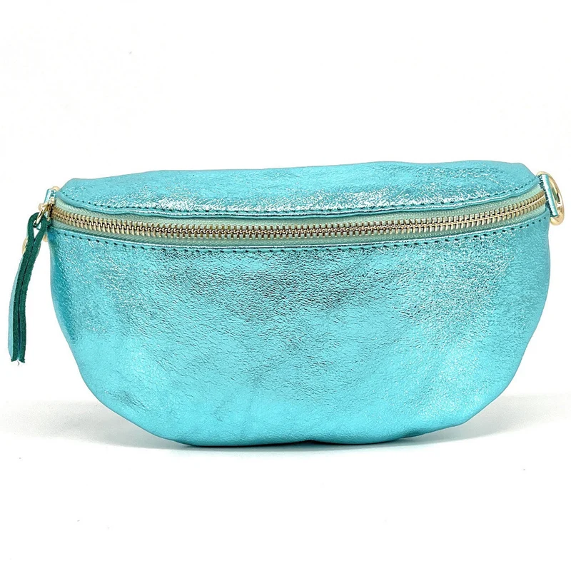 Sac banane en cuir irisé LOU-DO métal doré Turquoise irisé