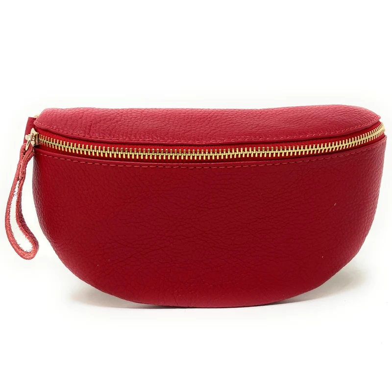 Sac banane en cuir grainé LOU-DO métal doré Rouge garance