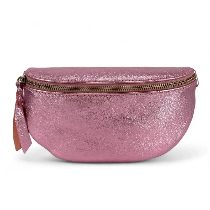 Sac banane en cuir irisé LOU-DO métal doré Rose pâle irisé
