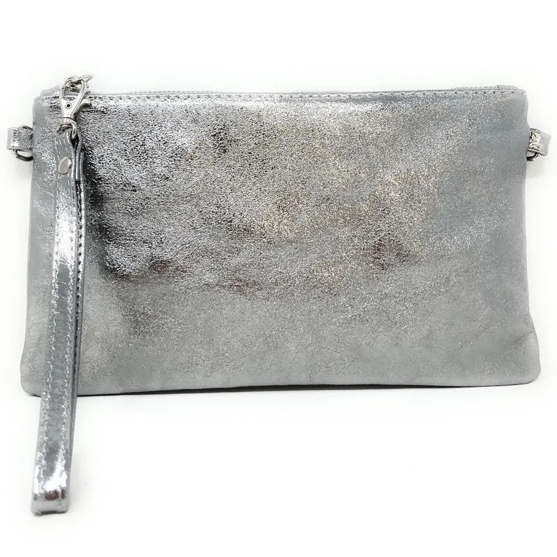 Sac pochette en cuir irisé MELUSINE Argent clair
