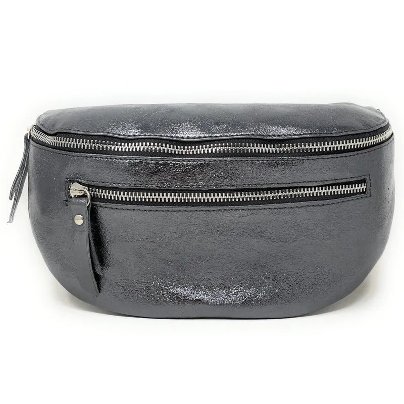 Sac banane en cuir irisé LOU-ANN Argent foncé