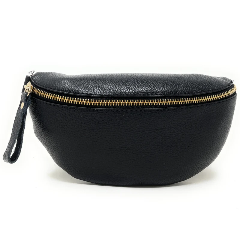 Sac banane en cuir grainé LOU-DO métal doré Noir