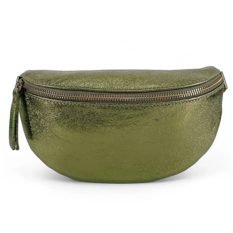 Sac banane en cuir irisé LOU-DO métal doré Kaki irisé