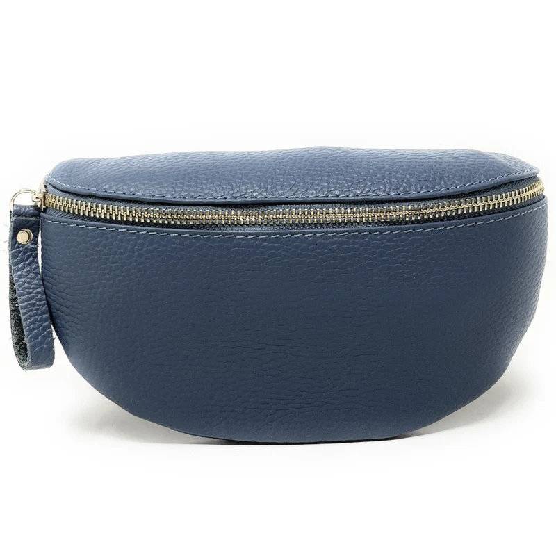 Sac banane en cuir grainé LOU-DO métal doré Bleu glacier