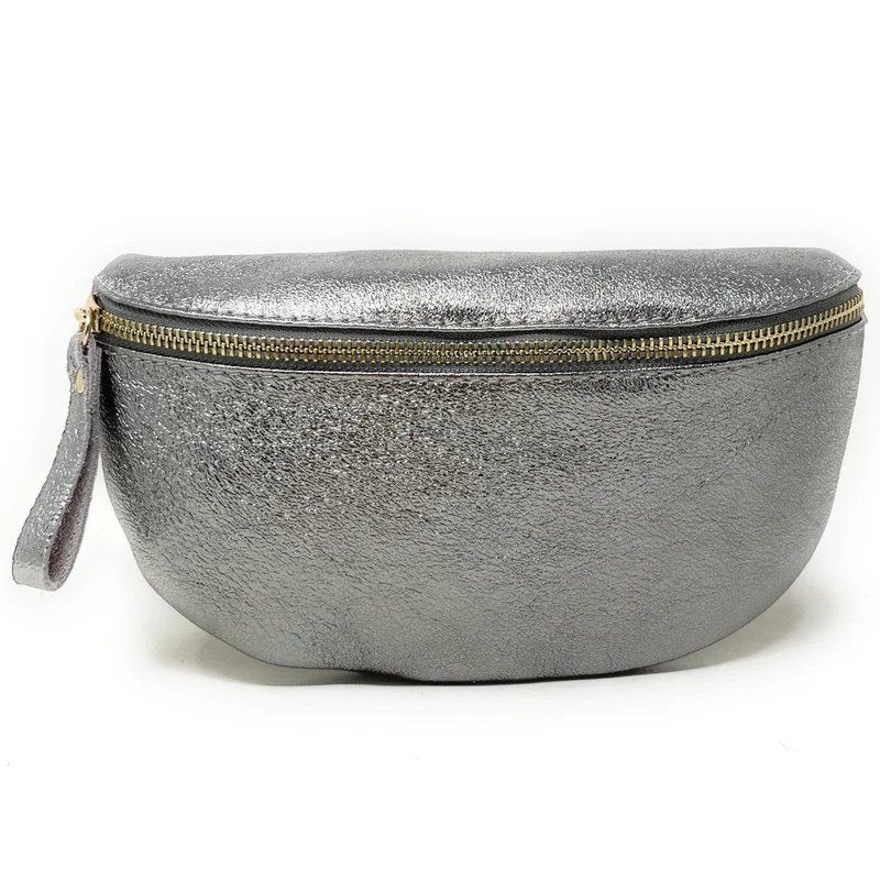 Sac banane en cuir irisé LOU-DO métal doré Argent foncé