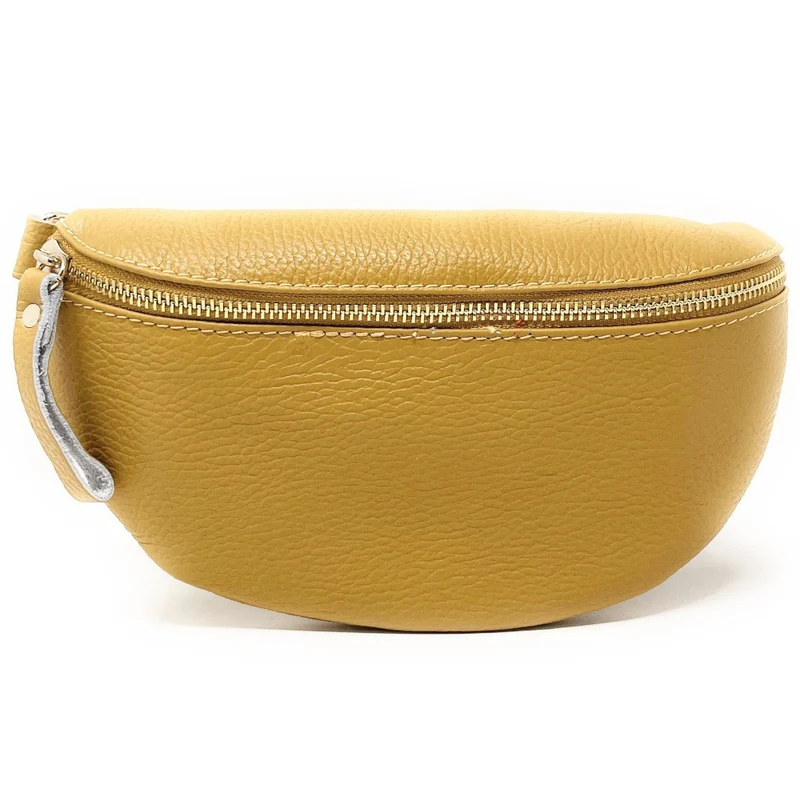 Sac banane en cuir grainé LOU-DO métal doré Jaune Moutarde