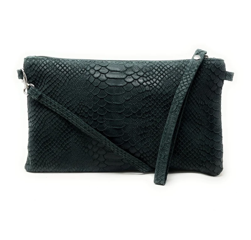 Sac pochette en cuir effet serpent DUNDEE Vert forêt