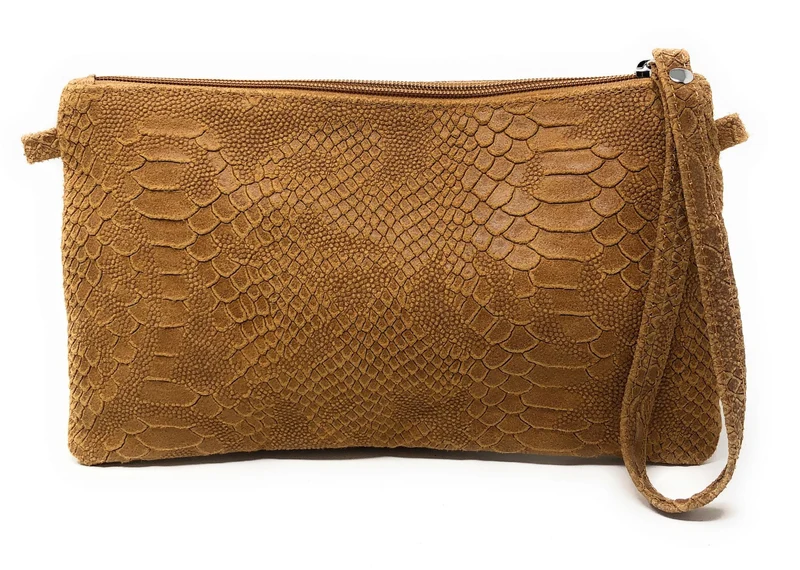 Sac pochette en cuir effet serpent DUNDEE Camel