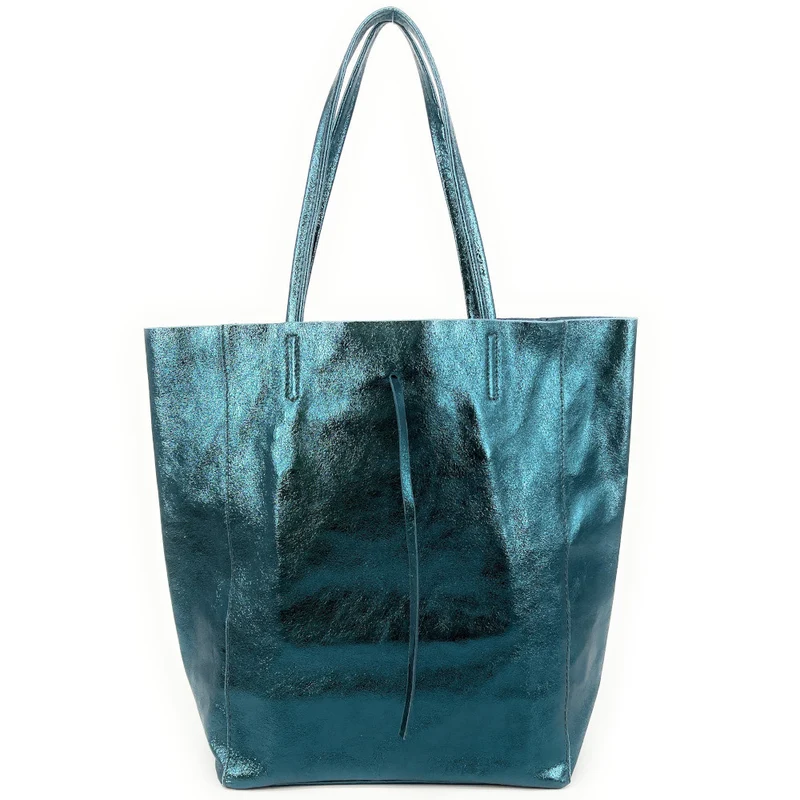 Sac cabas en cuir métallisé NICE Bleu vert canard