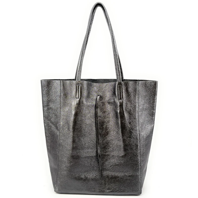 Sac cabas en cuir métallisé NICE Argent foncé