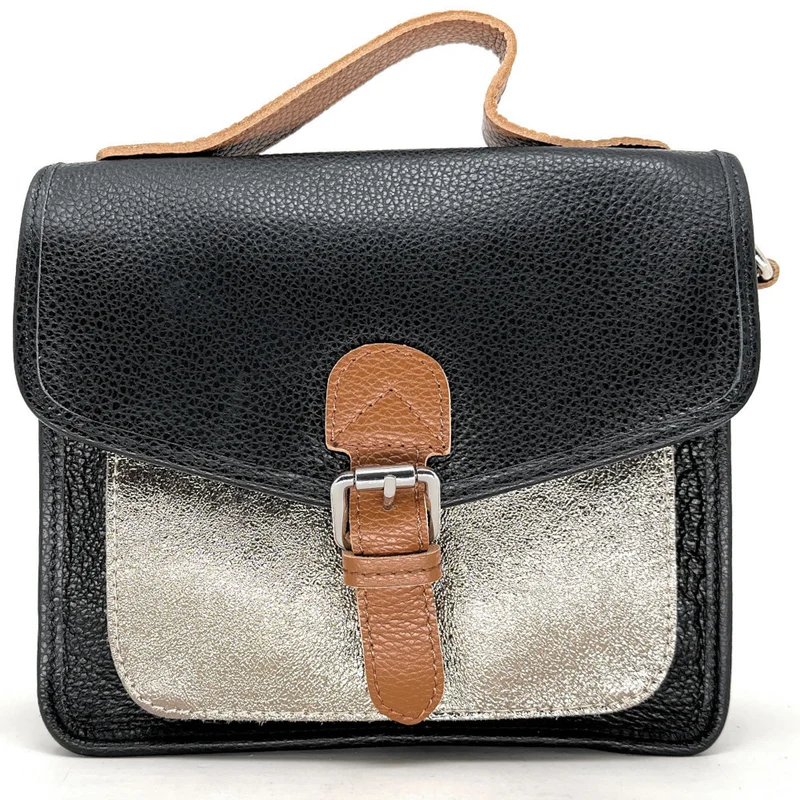 Sac cartable à bandoulière en cuir grainé et cuir irisé CORTE Noir