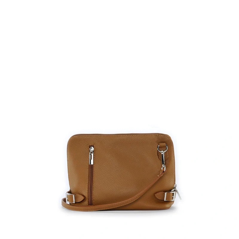 Mini sac à bandoulière en cuir grainé italien MIA Marron camel foncé