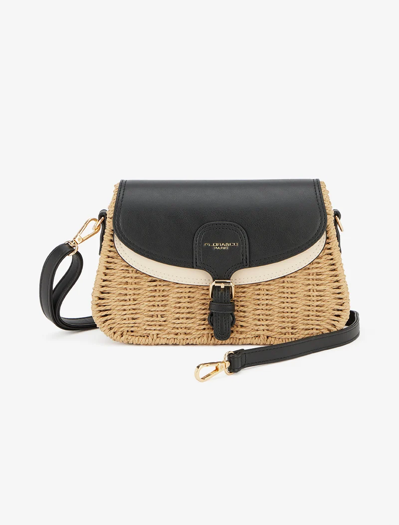 Sac besace en paille tissée - Noir