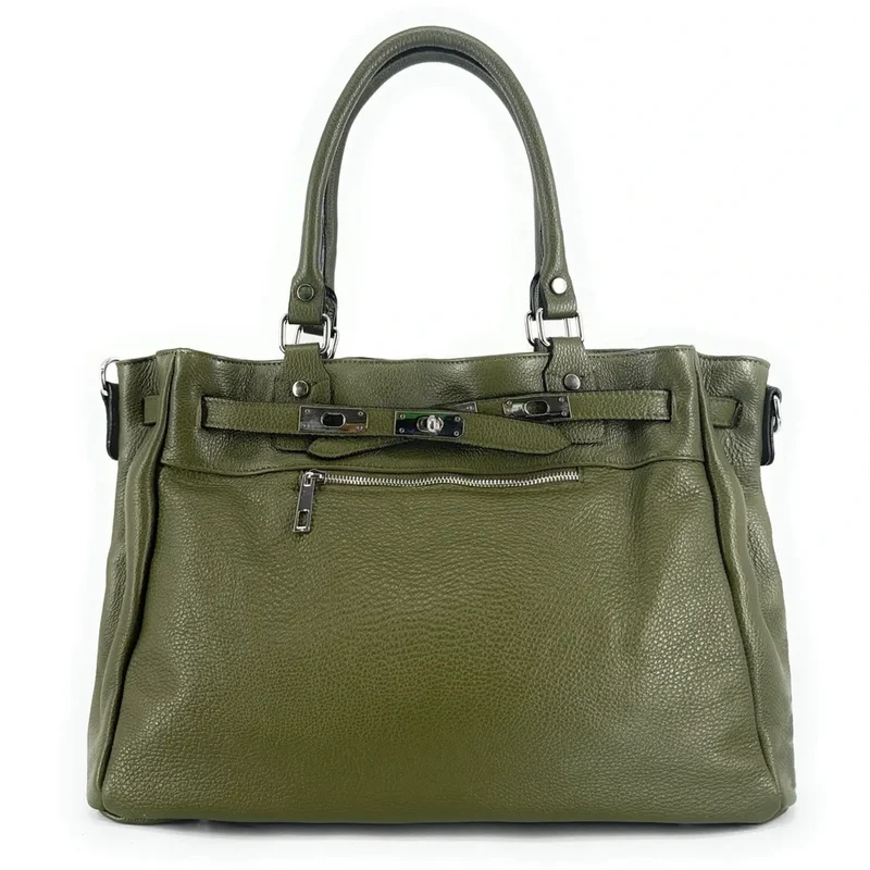 Sac cabas en cuir grainé JANET SILVER Vert Kaki