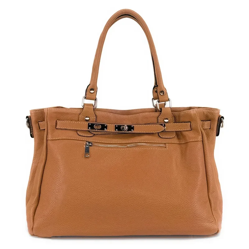 Sac cabas en cuir grainé JANET SILVER Marron Camel foncé