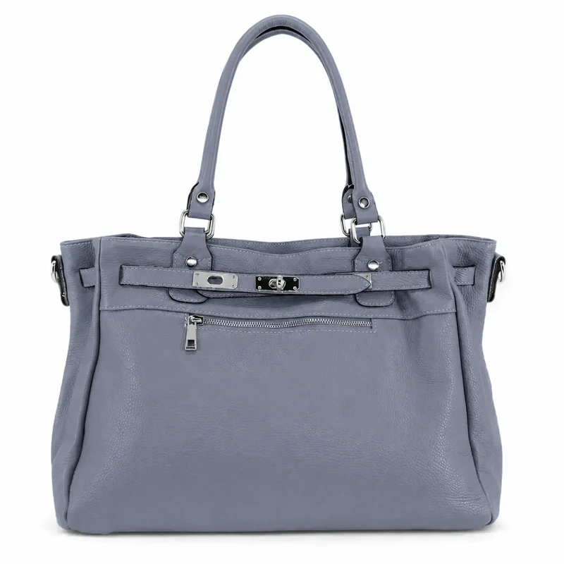 Sac cabas en cuir grainé JANET SILVER Bleu glacier