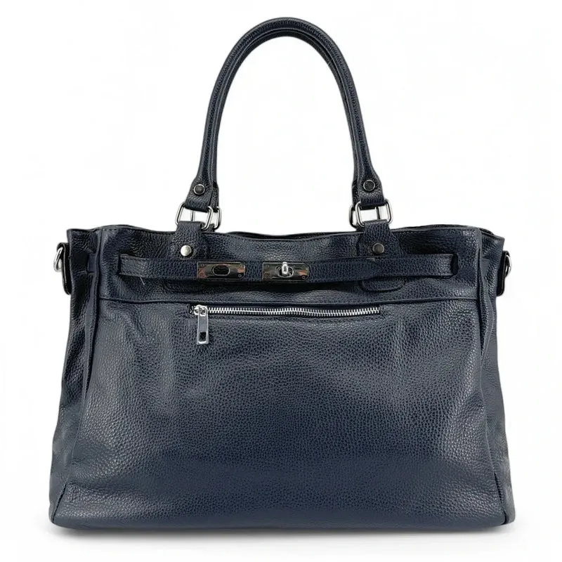 Sac cabas en cuir grainé JANET SILVER Bleu marine