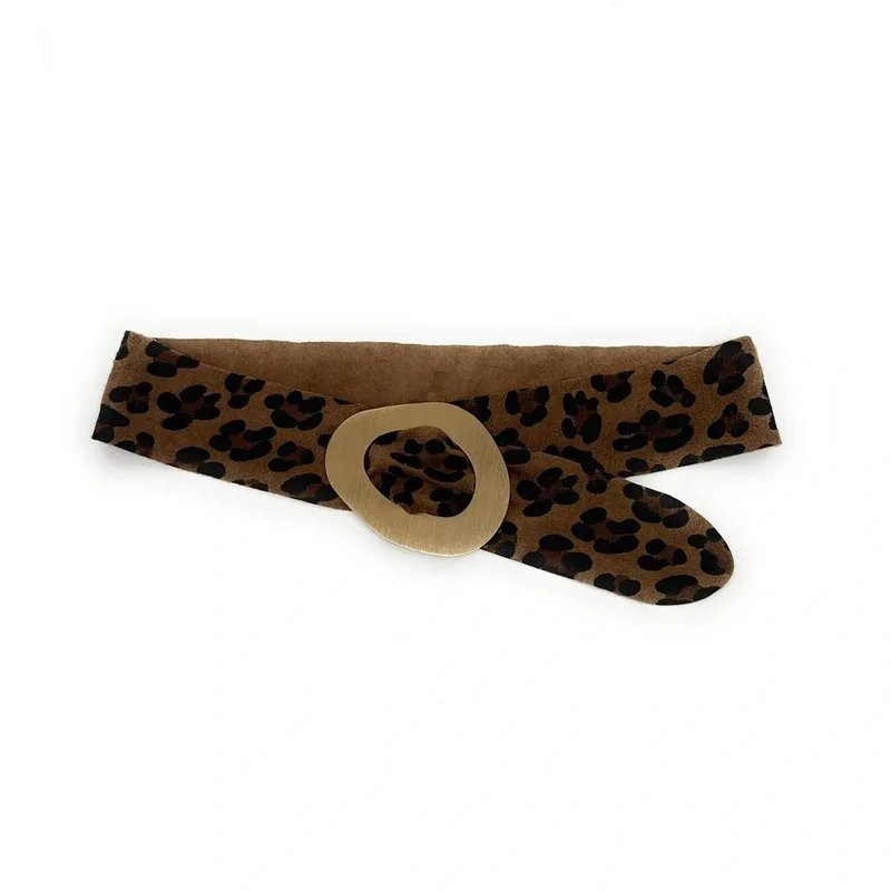 Ceinture en daim imprimé et métal brossé NIKI E.L. LEO Léopard taupe foncé
