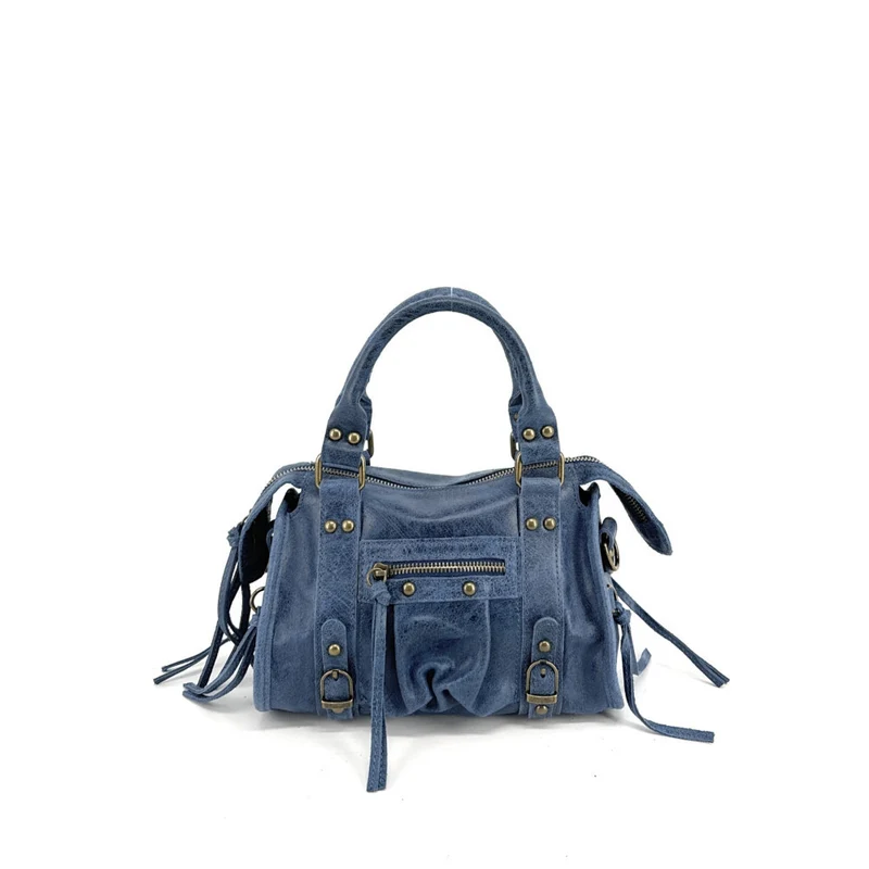 Mini-sac bowling en cuir mat brossé SANDSTORM MINI Bleu denim