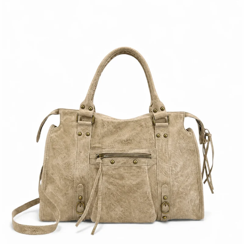 Sac à main en cuir brossé SANDSTORM Taupe clair
