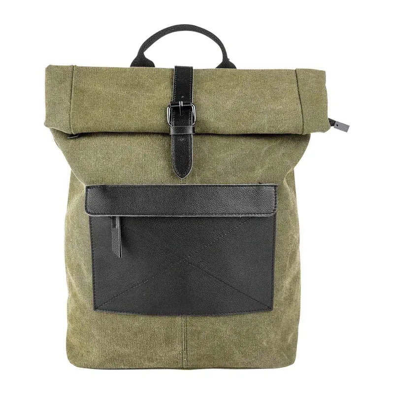 Sac à dos en toile et cuir BASTILLE Vert olive