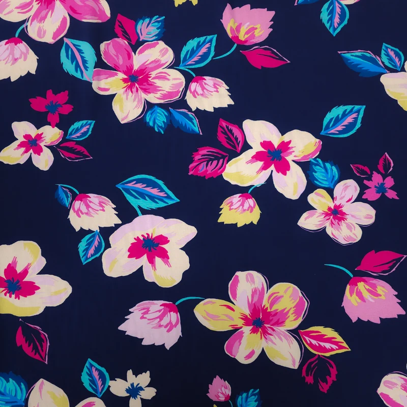 Challis de Rayonne | Fleurs roses sur fond marine | 112 cm | FIN DE ROULEAU