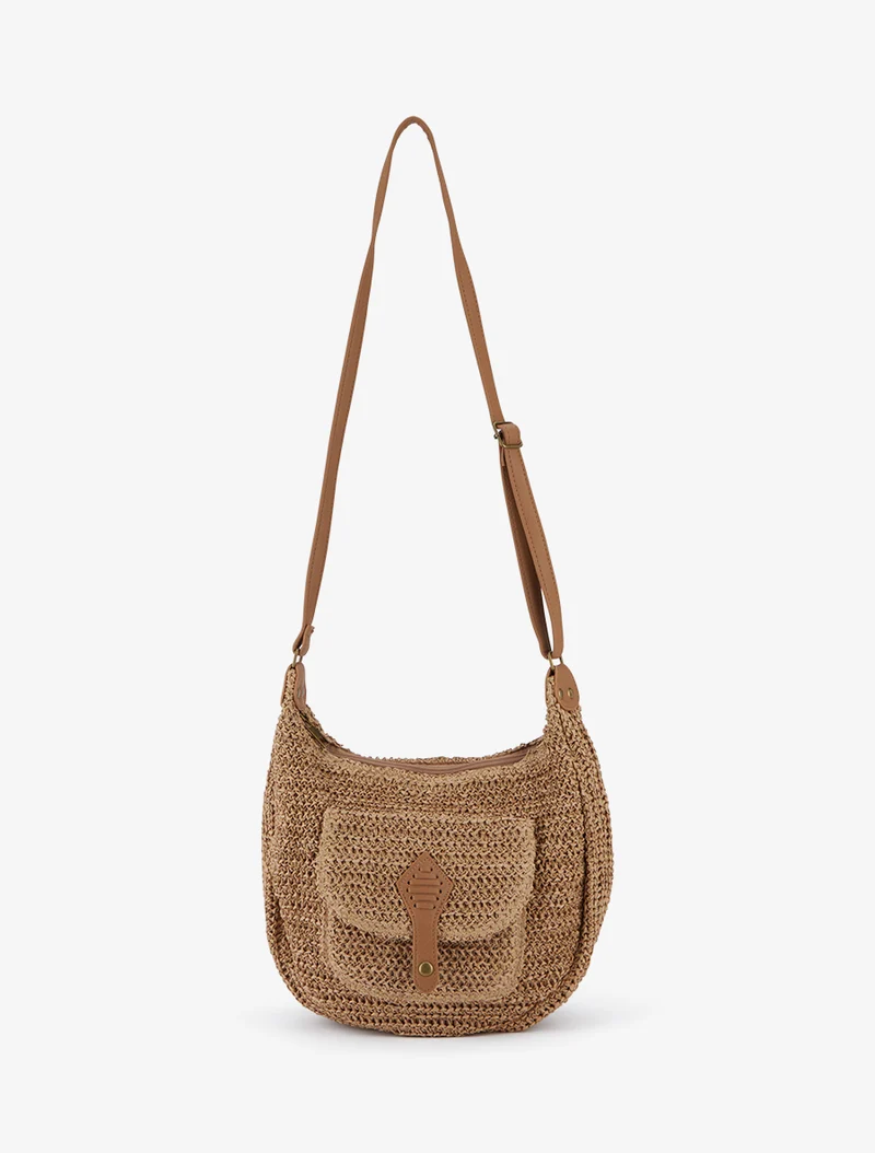 Sac besace effet raphia tressé - Taupe