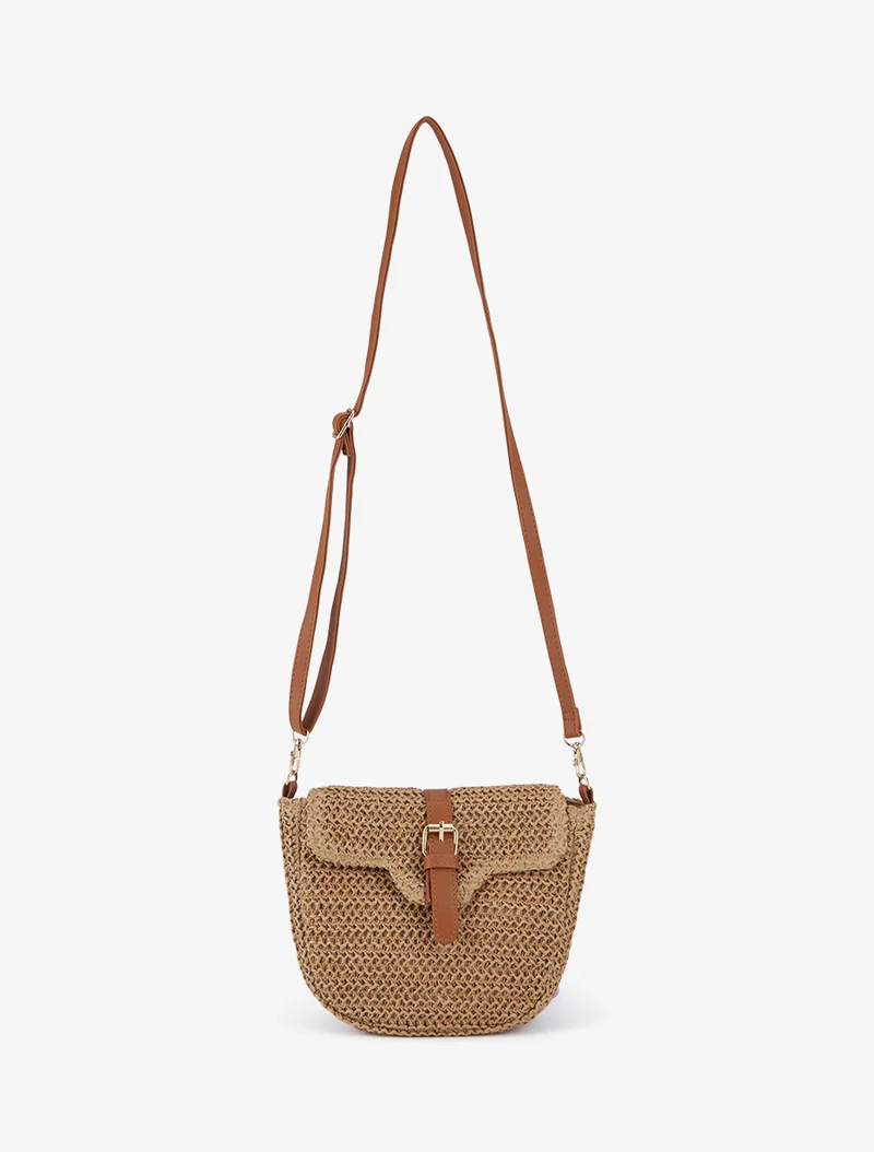 Sac besace effet raphia tressé - Taupe