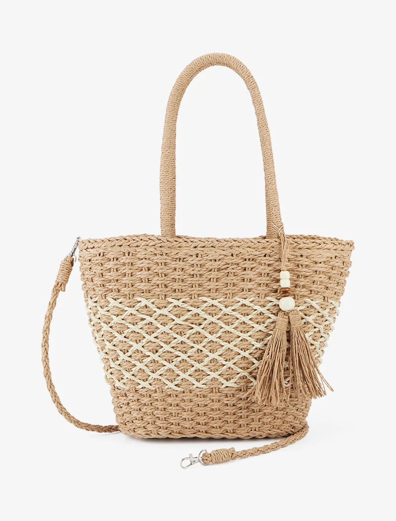 Sac cabas effet raphia tressé - Taupe