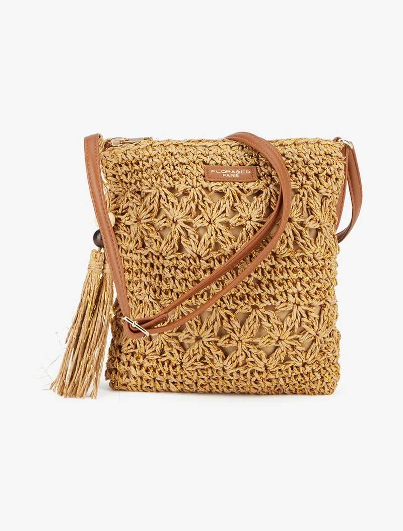 Sac bandoulière effet raphia - Taupe