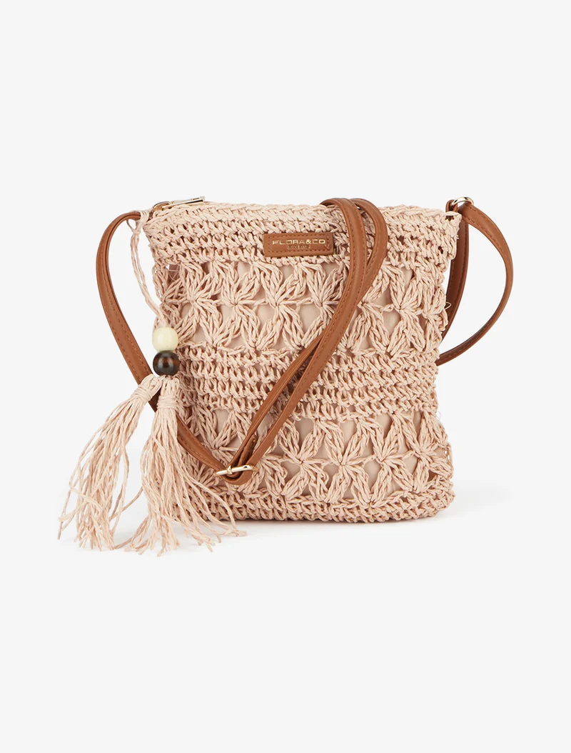 Sac bandoulière effet raphia tressé - Rose