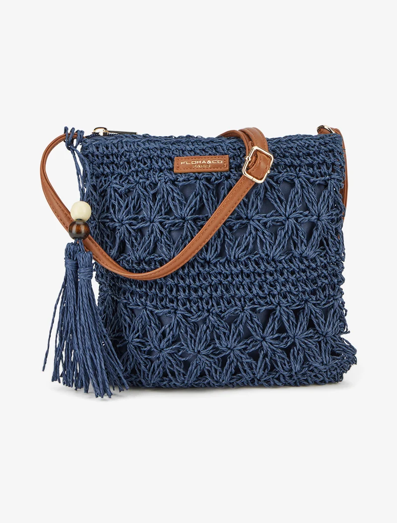 Sac bandoulière effet raphia tressé - Marine