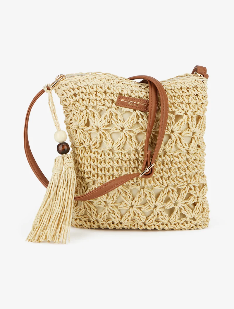 Sac bandoulière effet raphia tressé - Beige