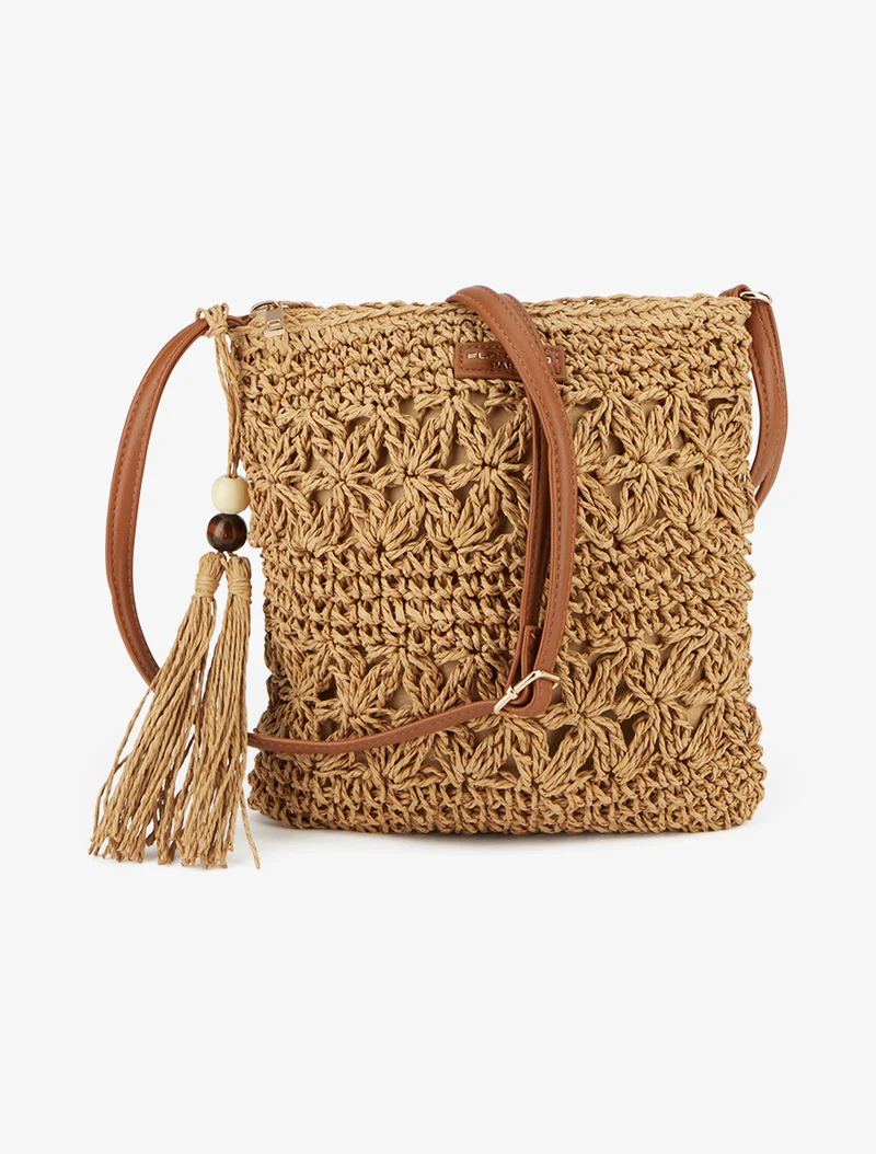 Sac bandoulière effet raphia tressé - Taupe