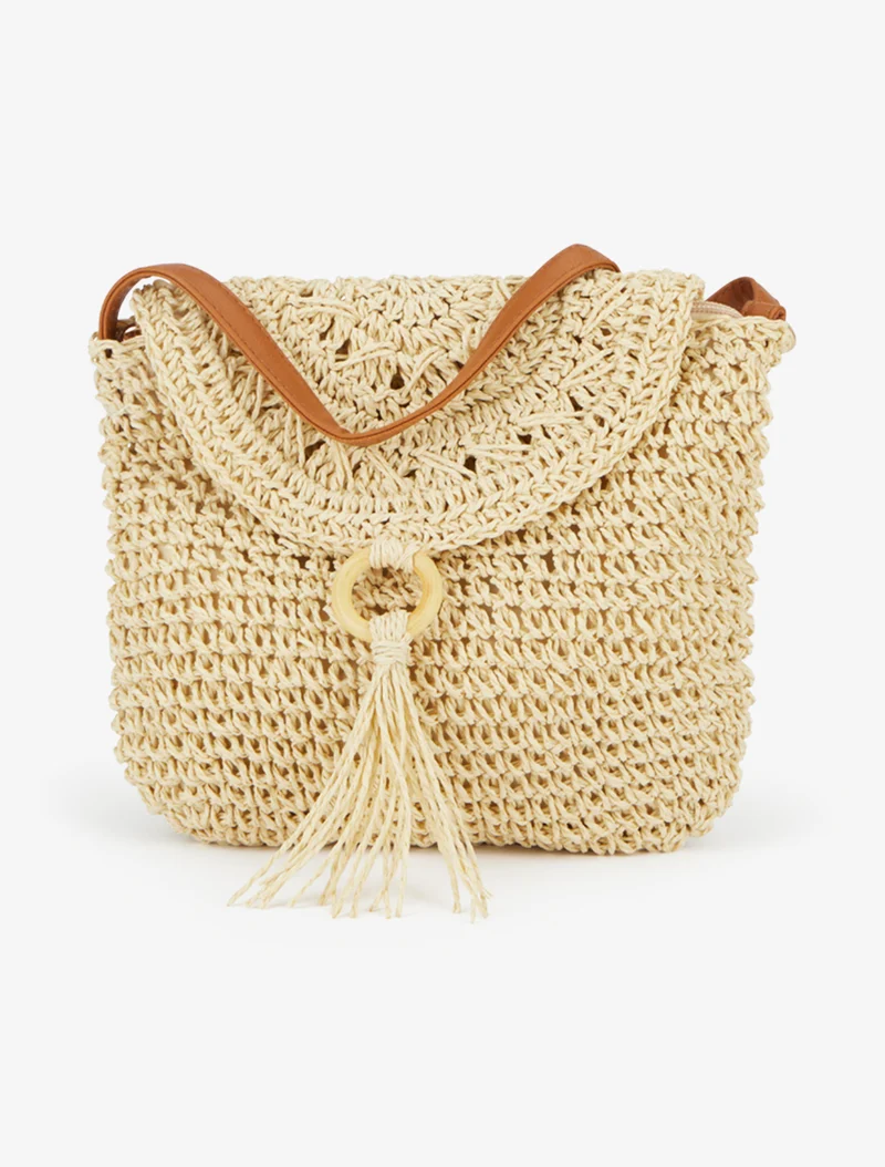 Sac bandoulière effet raphia - Beige